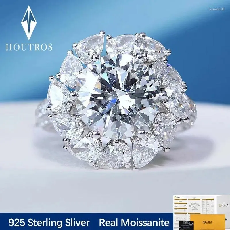 Cluster Rings Houtros 3 Big Moissanite Diamond Ring 925 Sterling Silver Sparking Flower Engagement Luxurious Jewelry GRA