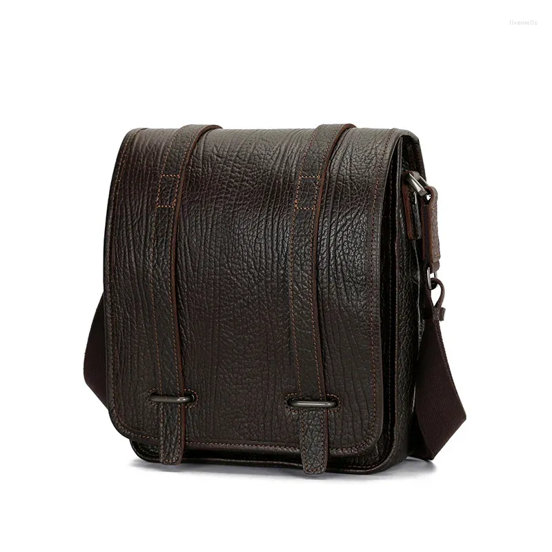 Bag Nesitu High Quality Vintage Coffee Black Bark Mönster äkta läderkohud axel män messenger väskor m0085