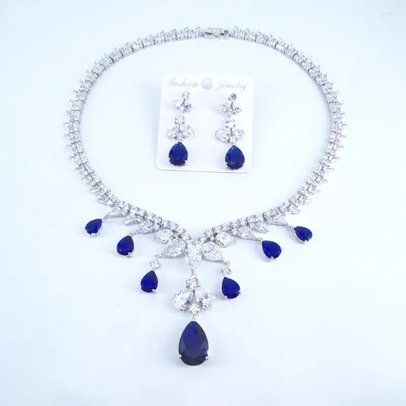 Colar brincos conjunto 2024 moda retro azul verde cz zircon jóias festa de casamento banquete vestir