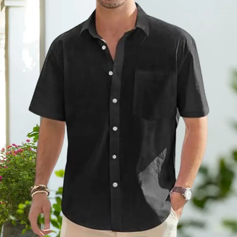 Men's Casual Shirts Men Button-down Shirt Stylish Lapel Collar Button-up For Summer Office Beach Wear Solid Color Breathable Fabric