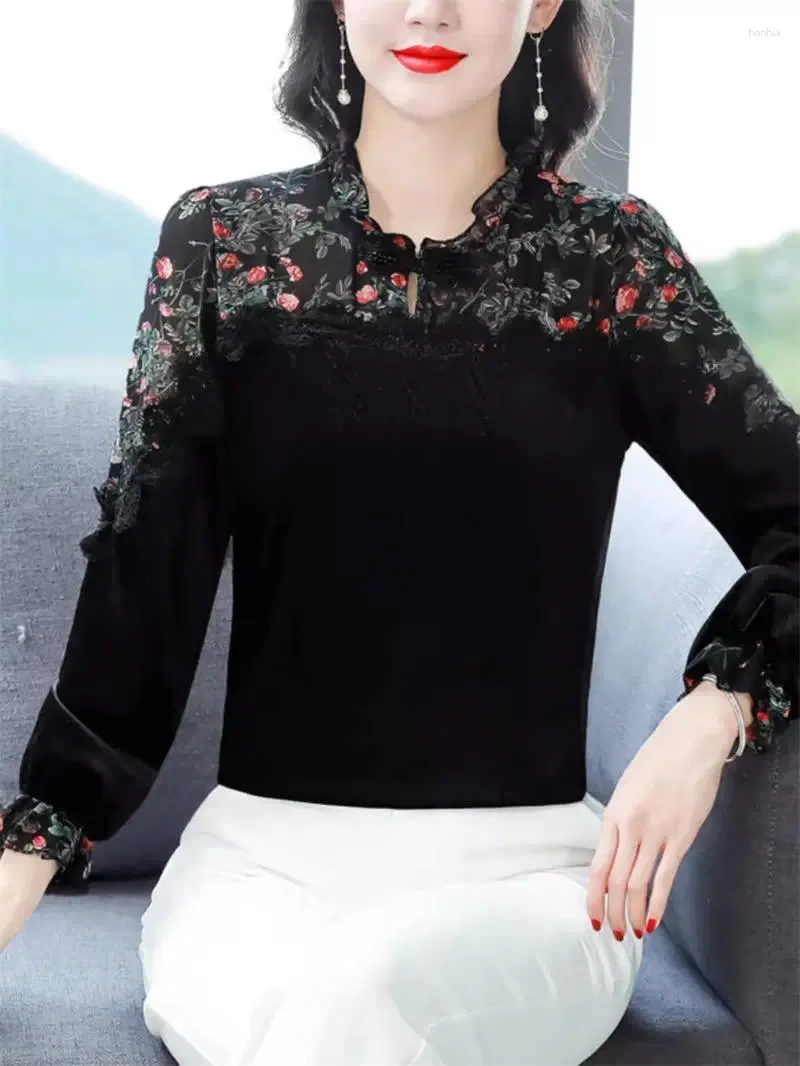 Women's Blouses Spring Velvet Patchwork Chiffon Top For Women 2024 Long Sleeve Base Shirt Korean Floral Blouse Z4640