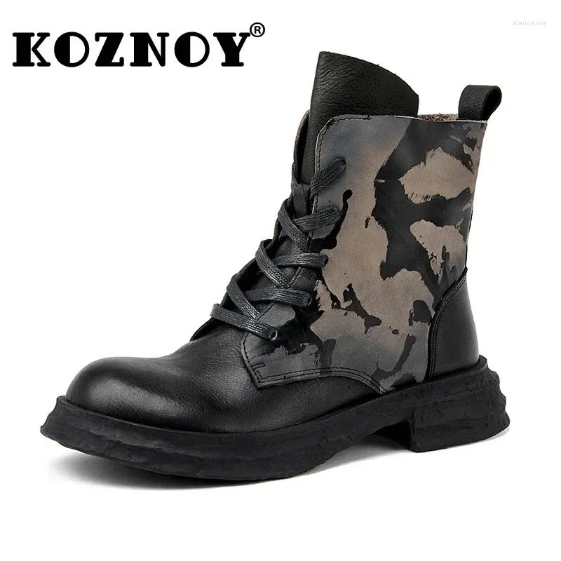 Laarzen Koznoy Voor Vrouwen 4 cm Enkel Platform Wedge Booties Mocassins Cowgirl Flats Mode Herfst Lente Echt Leer ZIP Schoenen