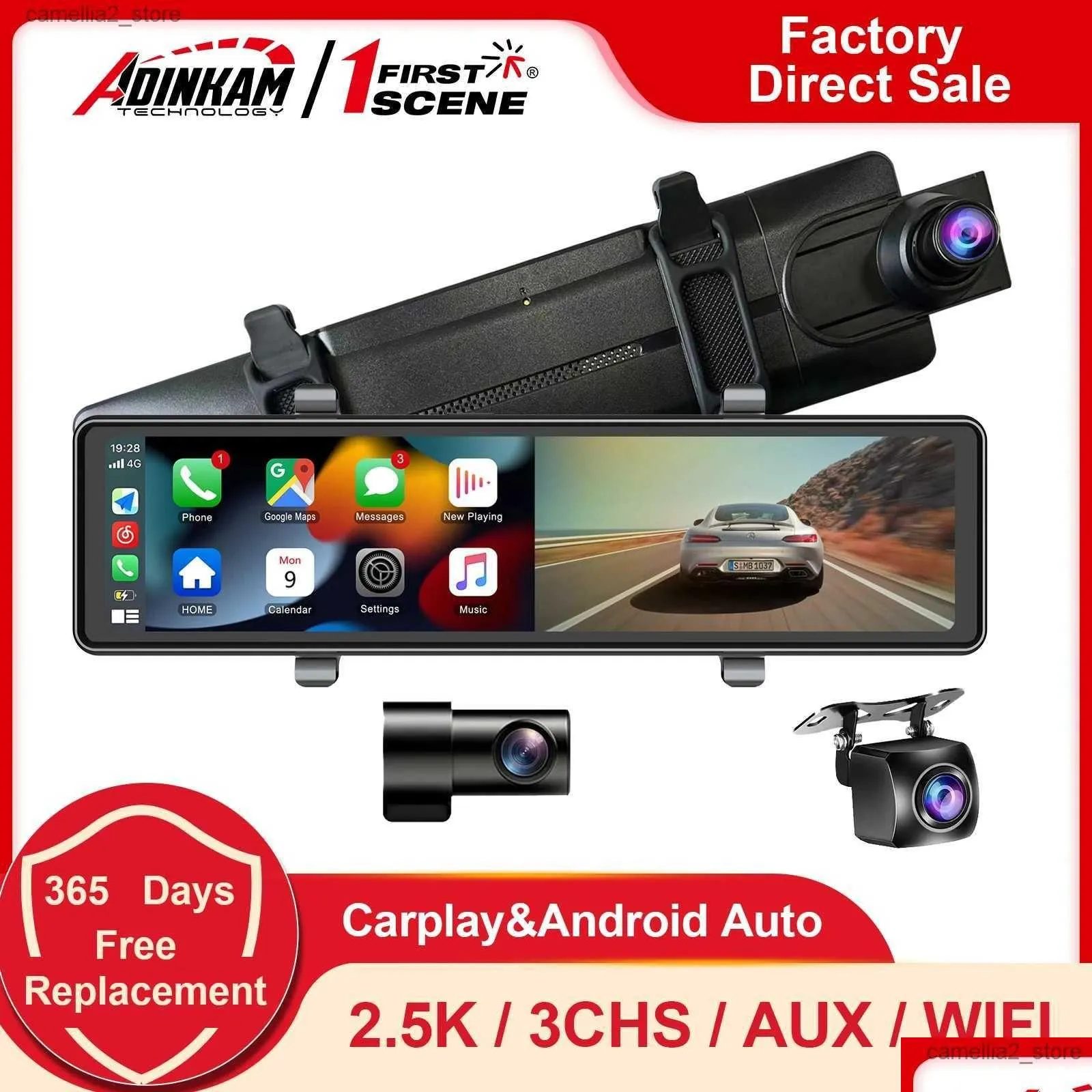 Araba DVR Araba DVRS DVR ADINKAM 12 inç 3 CHS 2.5K Dashcam Apple Carplay Android Destek Aux OTHFO'da Üretilen Taşınabilir Dikiz Ayna Kamerası