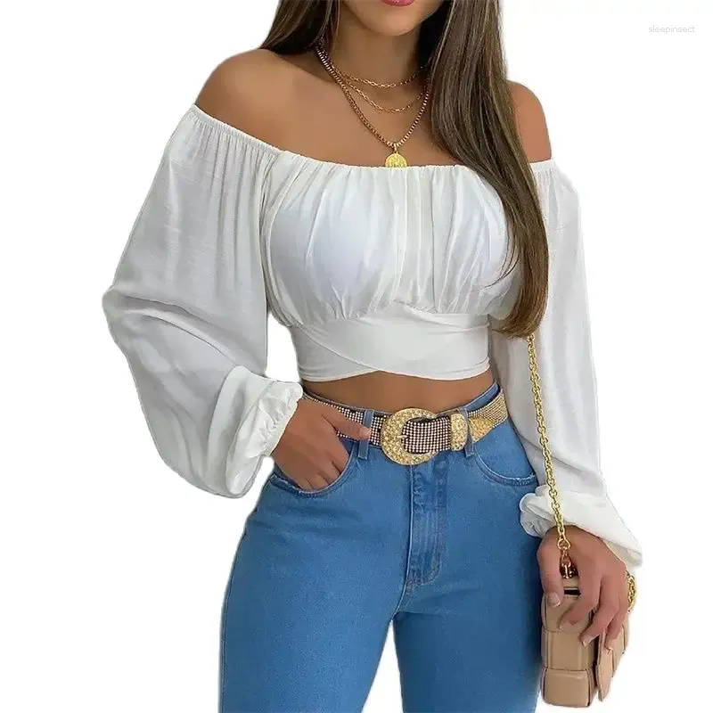 Blouses Femmes Femmes Hors de l'épaule Chemise courte Bretelles croisées Slim Fit Blouse Femme Printemps Confortable Banlieue Casual Lanterne Manches