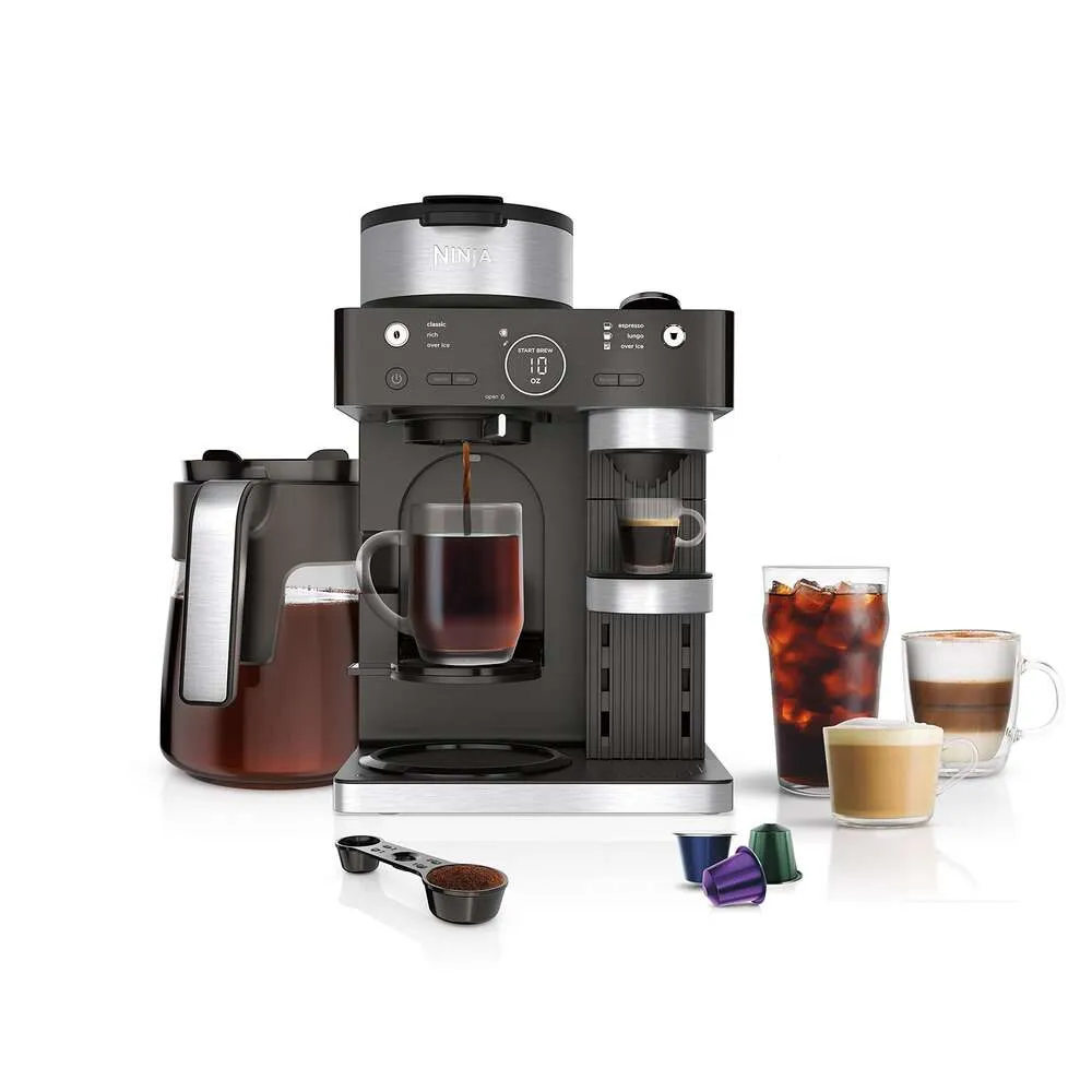 Sistema Ninja CFN601 Barista, 3 estilos de café expresso, compatível com cápsulas de café Nespresso descartáveis, garrafa de vidro para 12 xícaras, espuma embutida, café expresso, cappuccino e