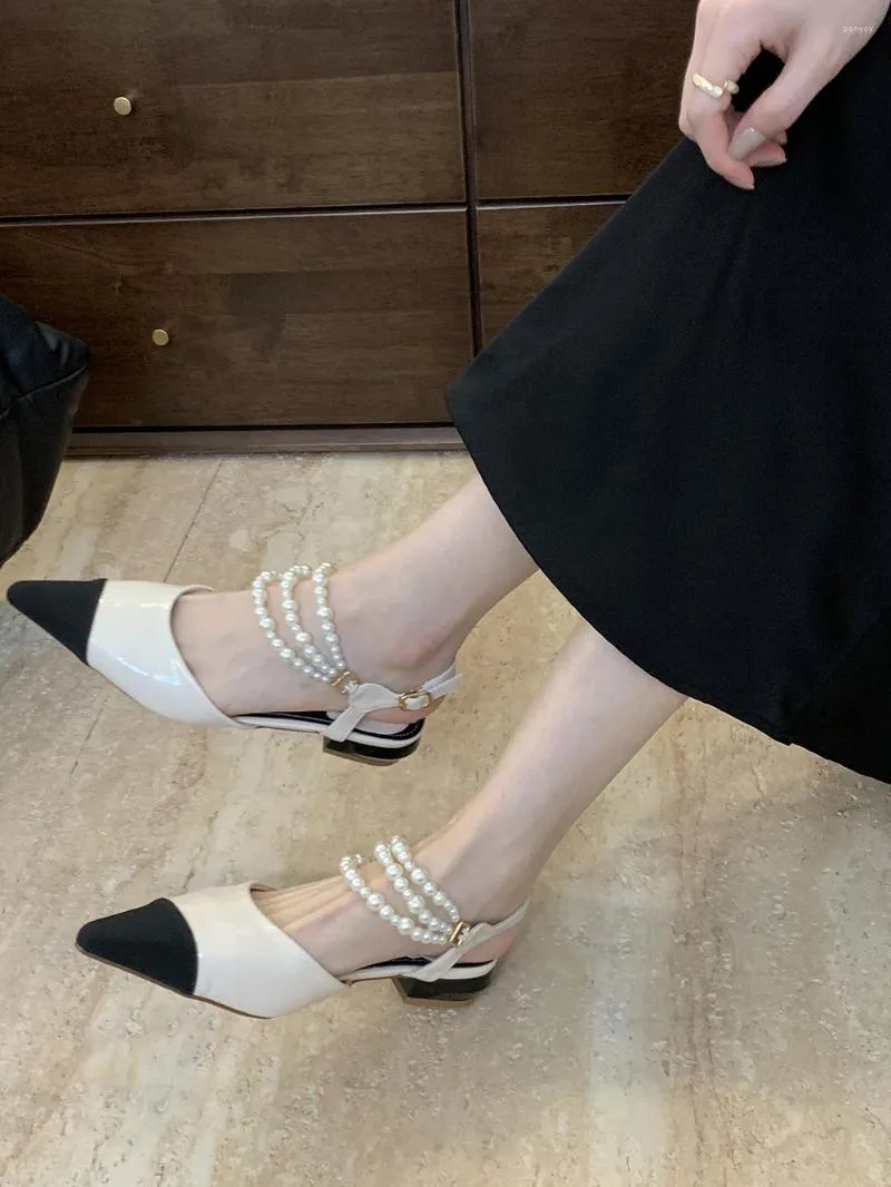 Sandals Pointed Toe Women 2024 S Fashion Mixed Color Pearl Ankle Strap Low Flat Heeled Party Pumps White Pink Black 35-39