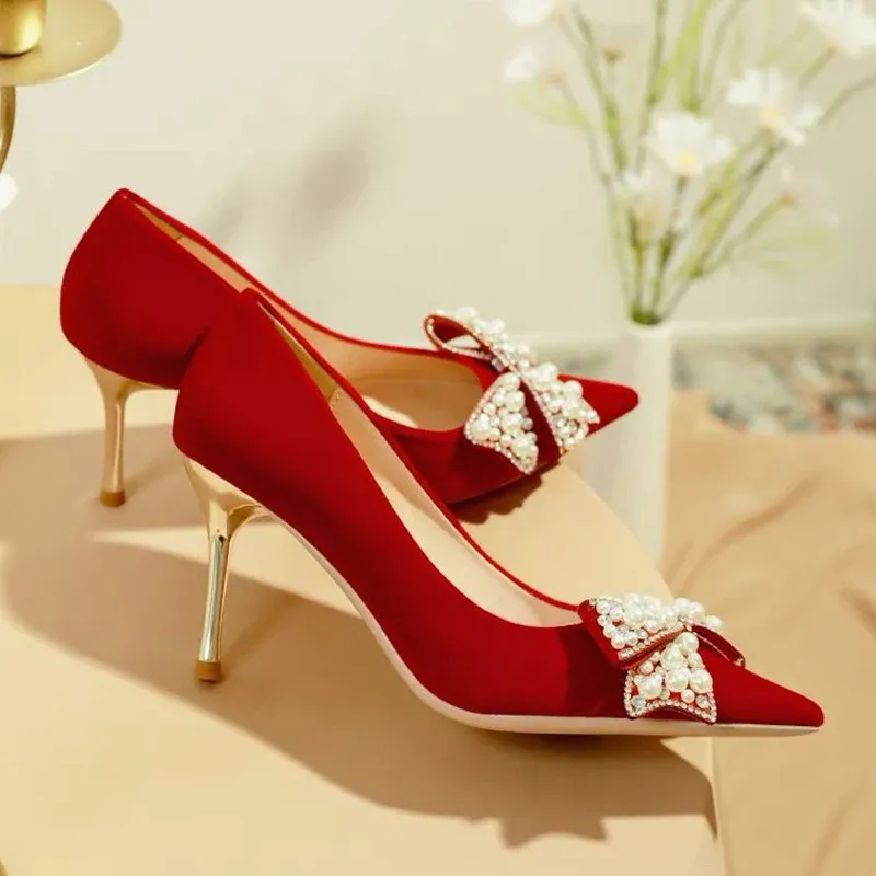 Boots Rimocy Sexy Red Velvet Wedding Chaussures pour les femmes 2022 Luxury Pearl Bowknot Pospers Pospets Pumps Woman Stiletto High Heels