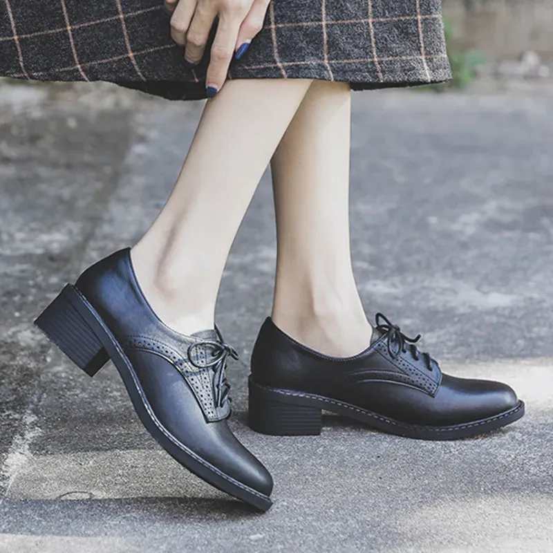 Pompes Pumps pour femmes Shoot Brogue Shoe vintage Chunky Talon découpé oxford chaussures femme lacet up femelle Fashion Elegant dames Boot