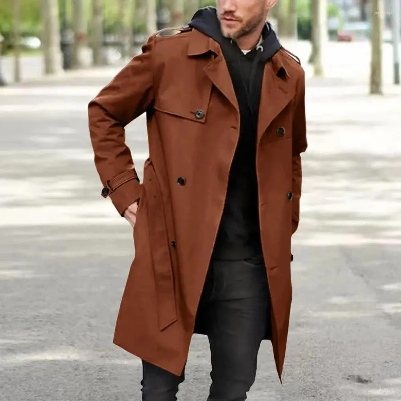 Men's Trench Coats 1Pc Casual Men Autumn Winter Windbreaker Lapel Long Sleeve Jacket Double-breasted Pockets Belt Slim Fit Coat Streetwear