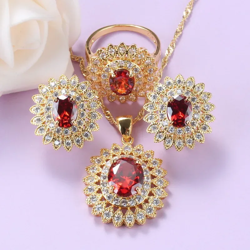 Shoes Moroccan Jewelry Sets Women Wedding Accessories with Natural Garnet Suower Necklace and Clip Earrings Ring Sets