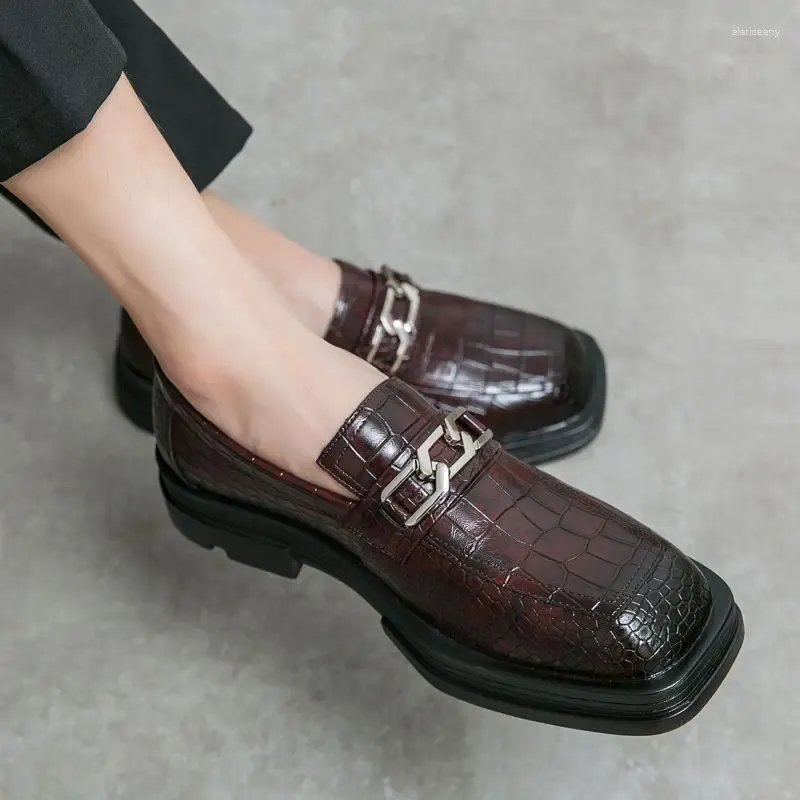 Casual Shoes Fashion Men's Loafers Square Toe Leather Loafer Crocodile Pattern Office Wedding Party Slip On Dress for Men B143