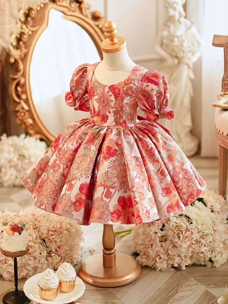Tatlı baskı saten mücevher çiçek kız elbise kız pageant elbiseler kızlar doğum günü/parti etek kız günlük elbise özel sz 2-12 d321082