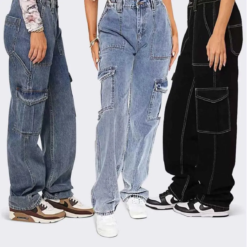 Großhandel Custom Apparel Vintage Baggy Cargo Jeans 90er Jahre Reißverschluss Übergröße Lose Damenhosen