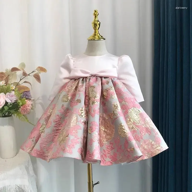 Vestidos de niña Niños Elegante rebordear Bautizo Vestido floral de primer cumpleaños a juego para niños Ropa Vestidos de fiesta de flores con lazo grande