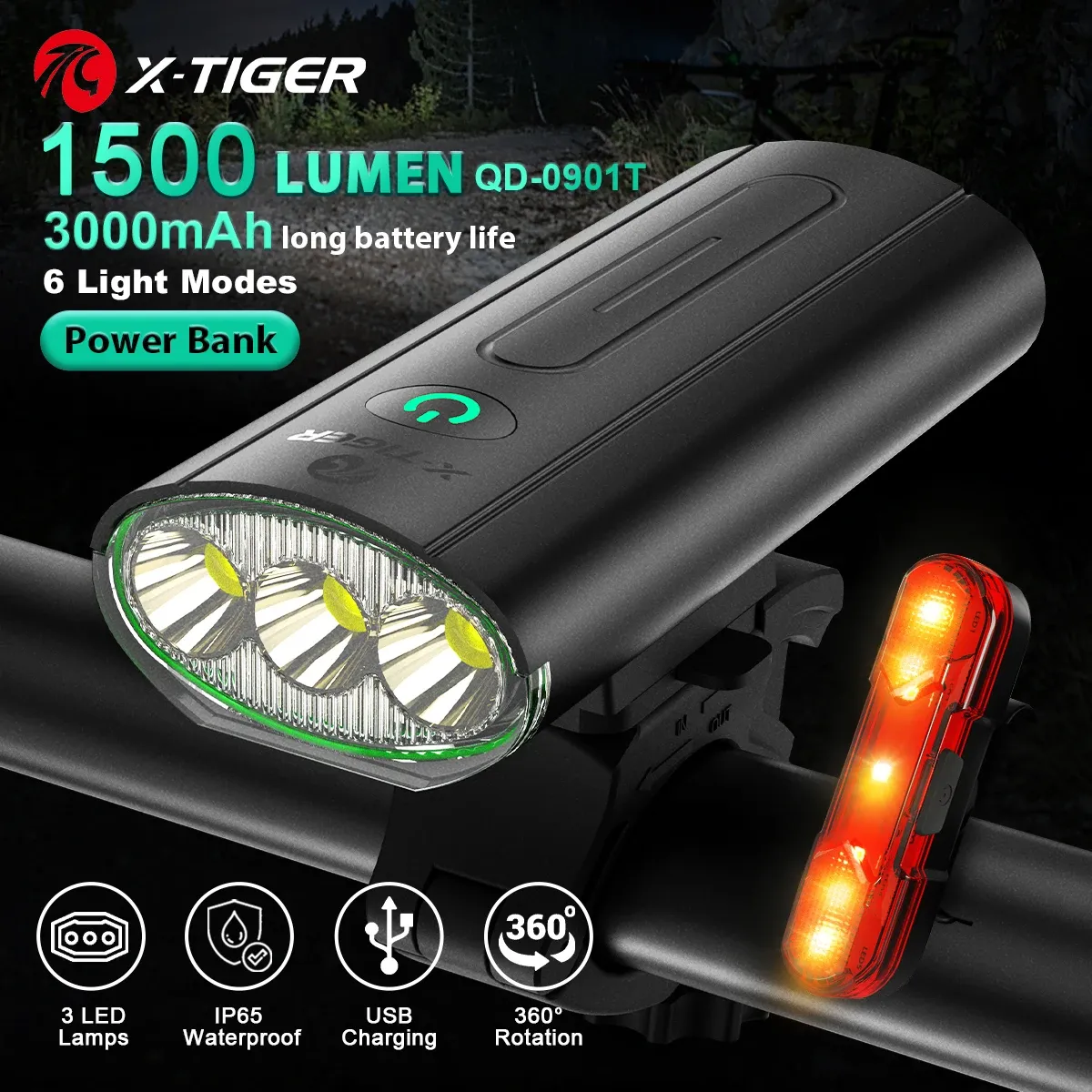 Lights Xtiger Bike Light USB Перезаряжаемая светодиодная фонарикнепроницаемая передняя лампа фар передней лампы 1500 лм в качестве банка мощности велосипед