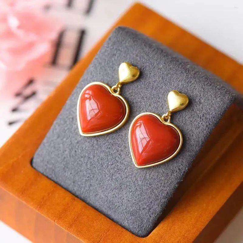 Dangle Earrings Natural South Red Agate Love Heart Stud S925 Sterling Silver Inlaid Thick Metalwork Fashion Design Simple All-Match