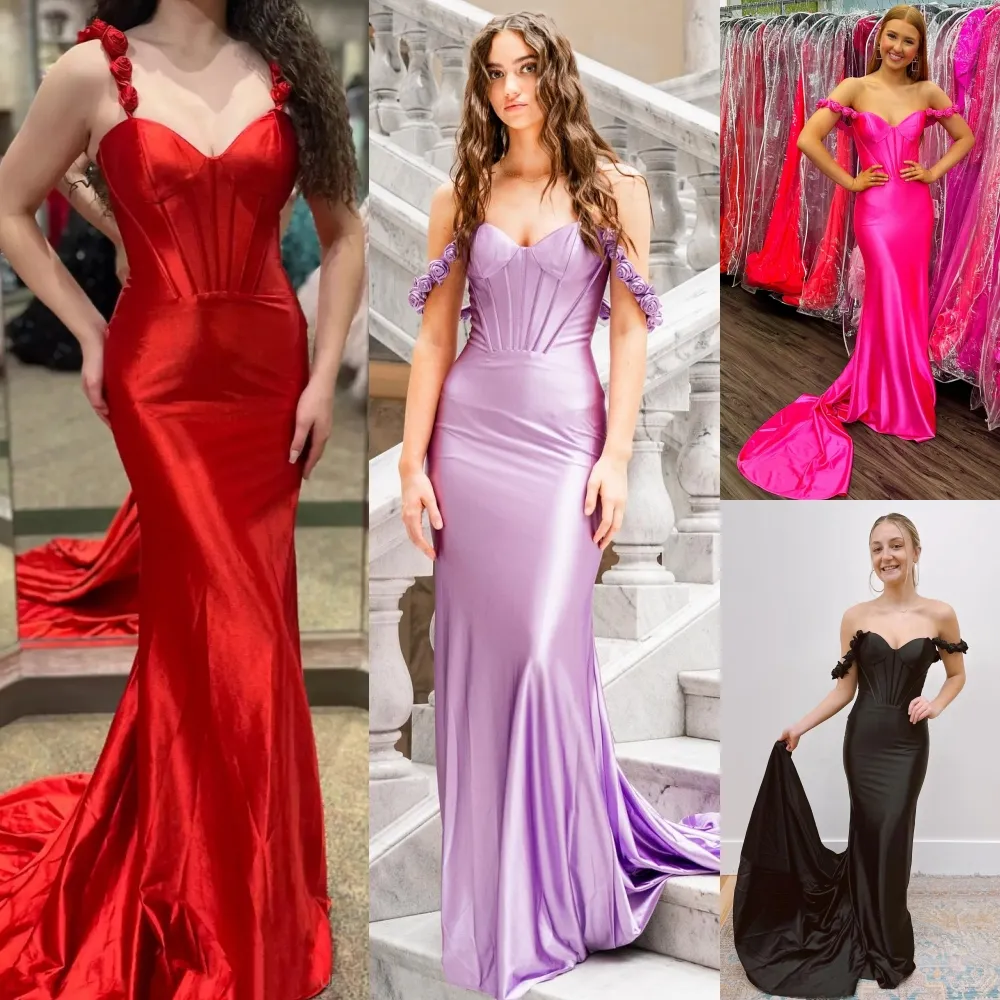 Stretch Satin Formal Party Dress 2k24 Rosette Straps Corset Top Lady Pageant Prom Evening Event Special Occasion Gala Cocktail Red Carpet Runway Gown Photoshoot