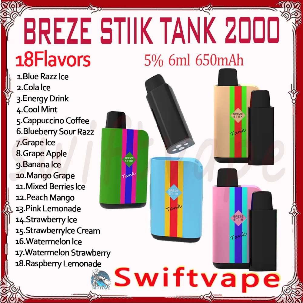 Orijinal Brezz Stiik Tank 2000 Puf Puf Tek Kullanımlık E Sigara 6ml% 5% 5% 650mAh Pil 18 Tatlar 2K Puffs Vapes Kalem