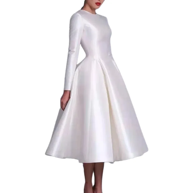 knee length dresses for ladies Zapaka Women Ivory Round Neck Midi Engagement Dress with Ruffles A Line Long Sleeve Tiered Wedding Reception Dress, Ivory / US8 main image 0