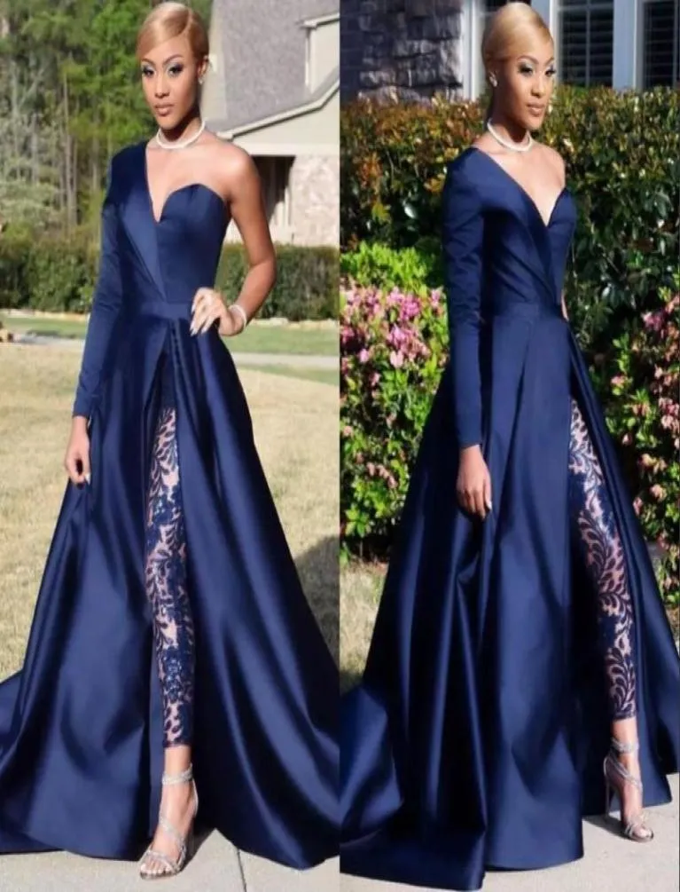 One Shoulder Evening Dresses Byxa passar en linje Royal Navy High Split Long Sleeve Formal Party Gowns Jumpsuit Prom Dresses8157196