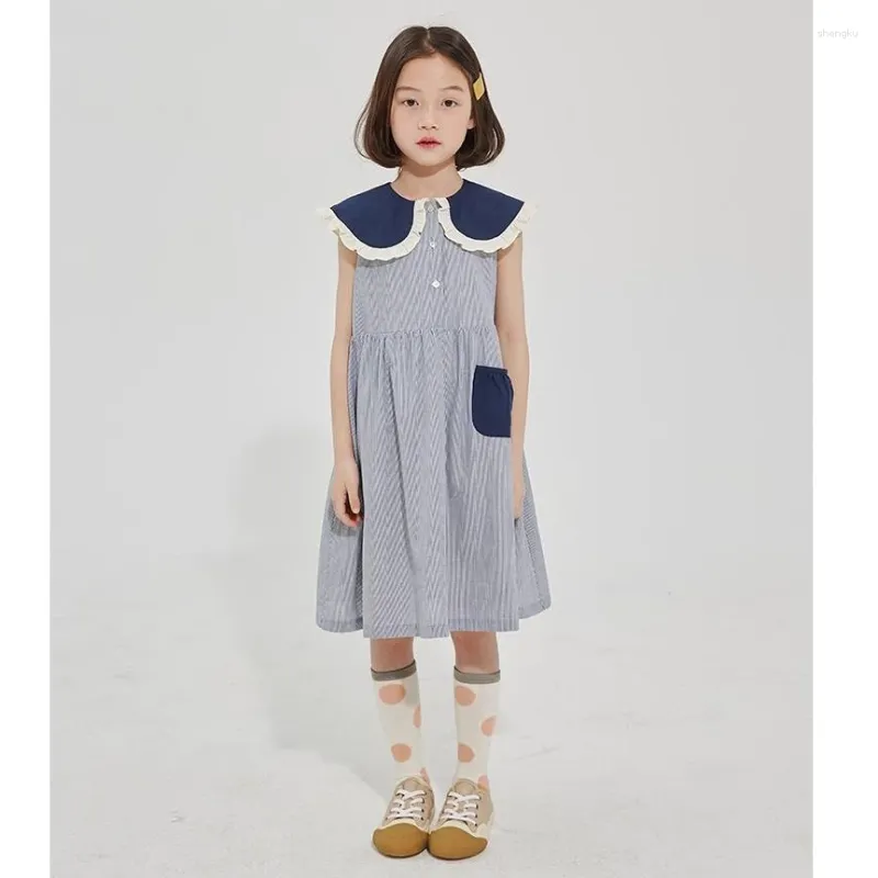 Платья для девочек Платье для девочек, лето 2024, детская хлопковая юбка без рукавов в синюю полоску с милым кружевным воротником, длина 110–160 см, детская