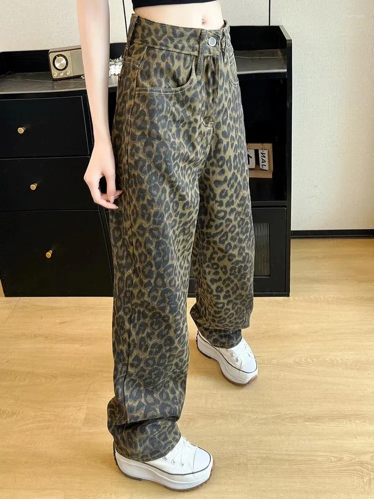 Jeans da donna Syiwidii eleganti pantaloni in denim a gamba larga vintage con stampa leopardata a vita alta streetwear moda casual larghi