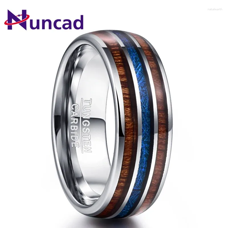 Avec pierres latérales Nuncad poli 8MM bois de Koa hawaïen hommes bague pleine taille bandes de mariage bleu Imitation vermiculite carbure de tungstène