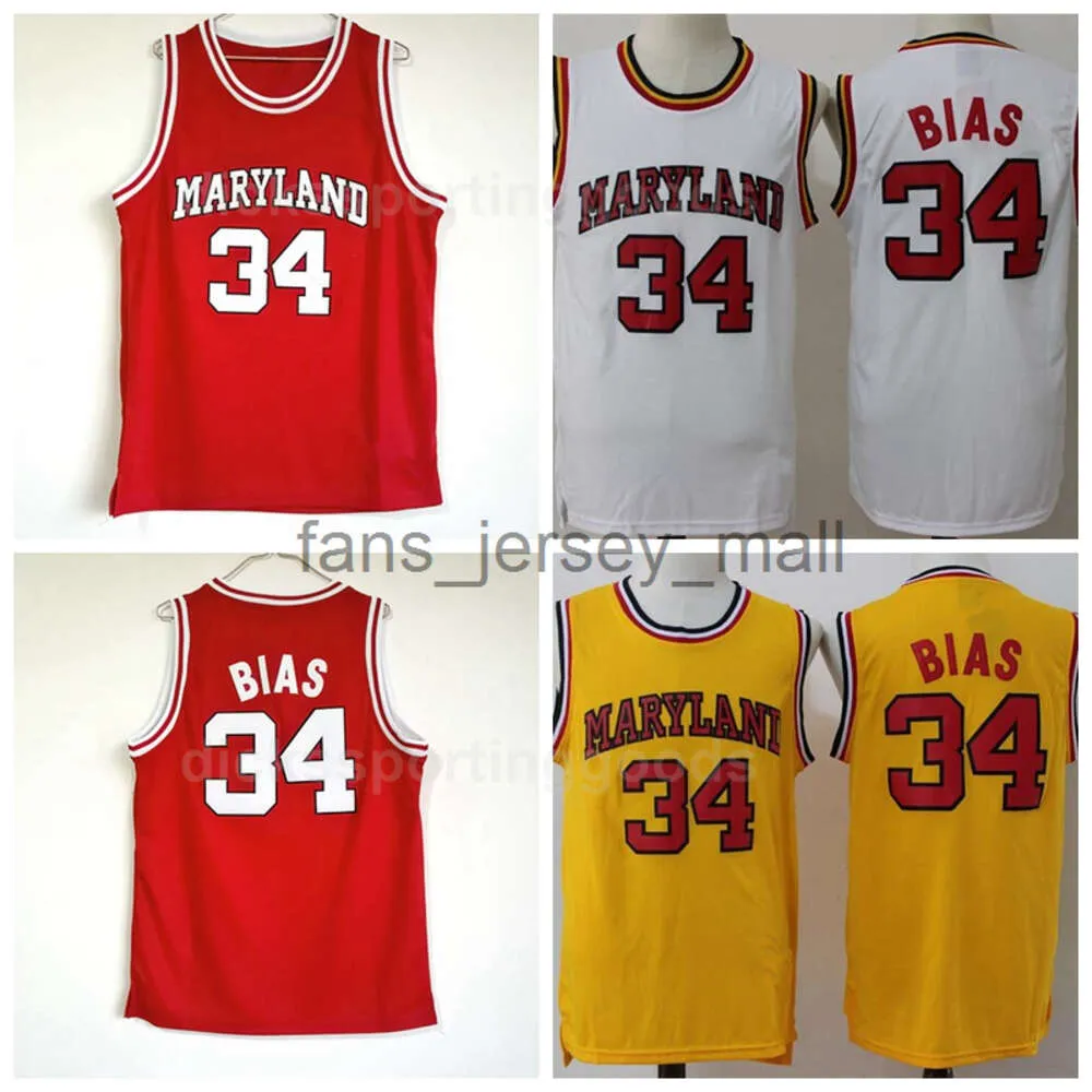 كلية NCAA 1985 Maryland Terps 34 Len Bias Jersey Men University Red Yellow White Basket