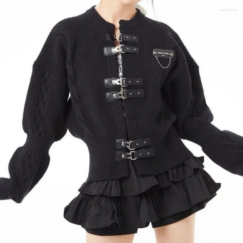 Vestidos de trabalho bleted botão preto de malha cardigan mulheres legal punk solto suéter jaqueta y2k estética tops casual todos os jogos harajuku 2024