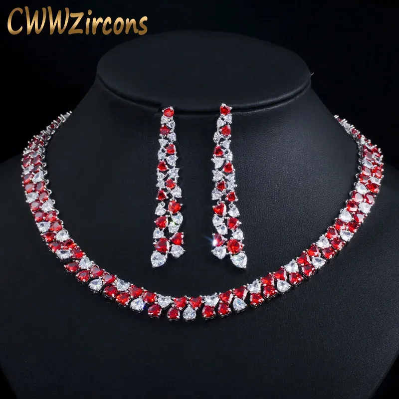 shoes Cwwzircons Love Heart Shape Red Cubic Zirconia Wedding Party Bride Round Choker Necklace Jewelry Sets for Women Accessories T376