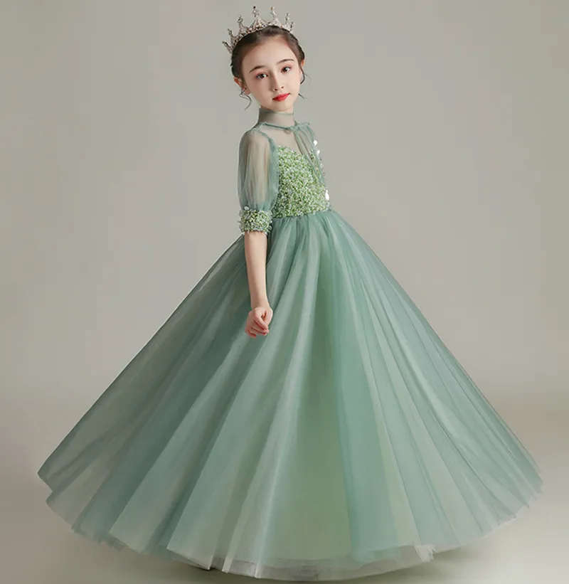 Belle Vert Tulle Demi Manches Perles Robes D'anniversaire De Fille Robe De Fille De Fleur Robes De Concours De Fille Jupe De Fête De Fille Jupe De Fille Personnalisée SZ 2-12 D321055