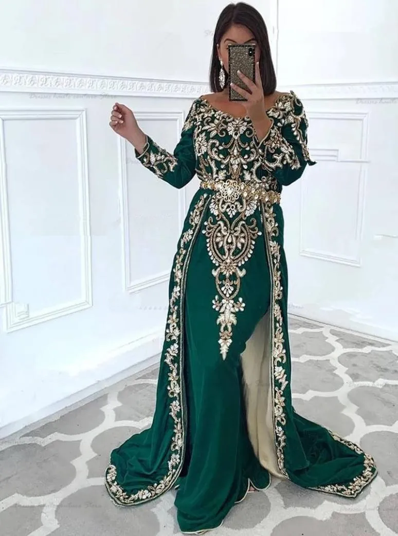 Abiti da sera formali caftano marocchino verde 2021 Applicazioni in pizzo dorato che borda Plus Size Abiti caftano per feste Dubai Custom Made8923719