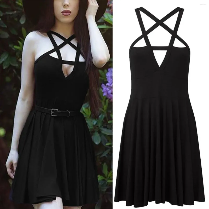 Vestidos casuais para meninas adolescentes gótico estrela de cinco pontas envolto peito cinta vestido elegante plissado hem sexy mini mulheres