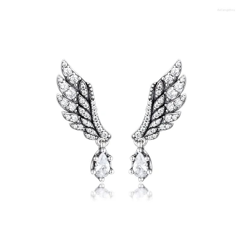 Studörhängen Autentisk 925 Sterling Silver dingling Angel Wing for Women Clear CZ Earing Original smycken öronringar brincos