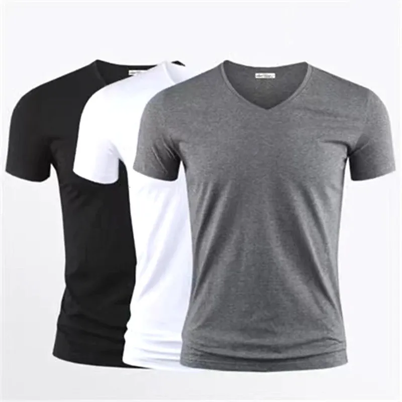 Mens T Shirt Pure Color V Collar Short Sleeved Tops Tees Men TShirt Black Tights Man TShirts Fitness For Male Clothes 240321