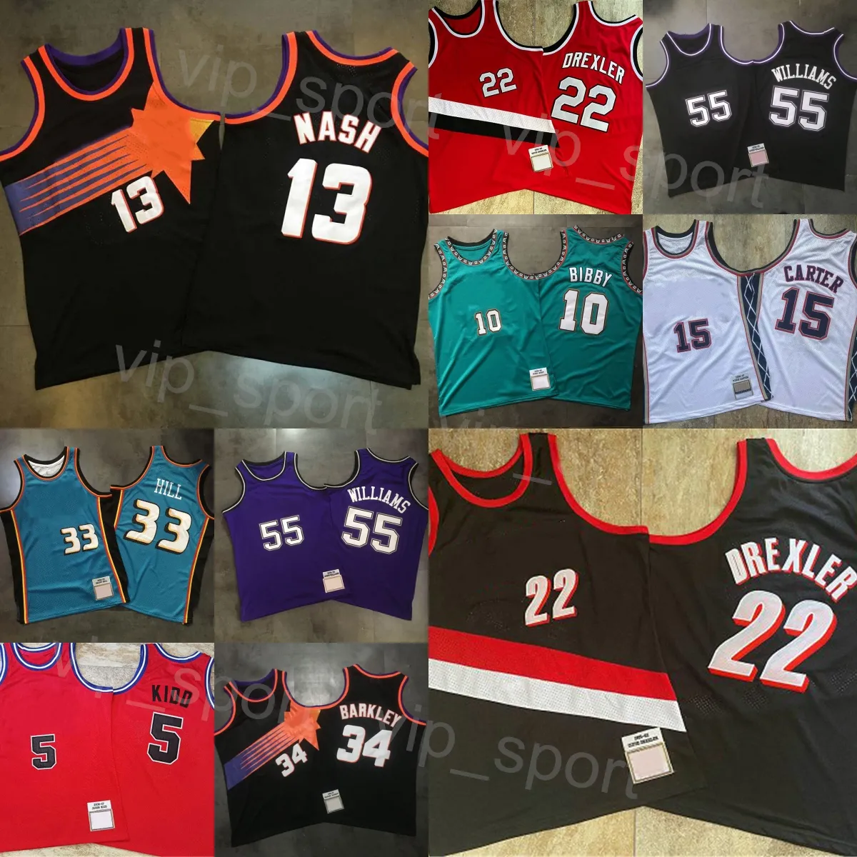 كرة السلة الرجعية الأصيلة Clyde Drexler Jerseys Vintage Jason Kidd 5 Vince Carter 15 Steve Nash 13 Charles Barkley 34 Jason Williams Michael Mike Bibby Grant Hill