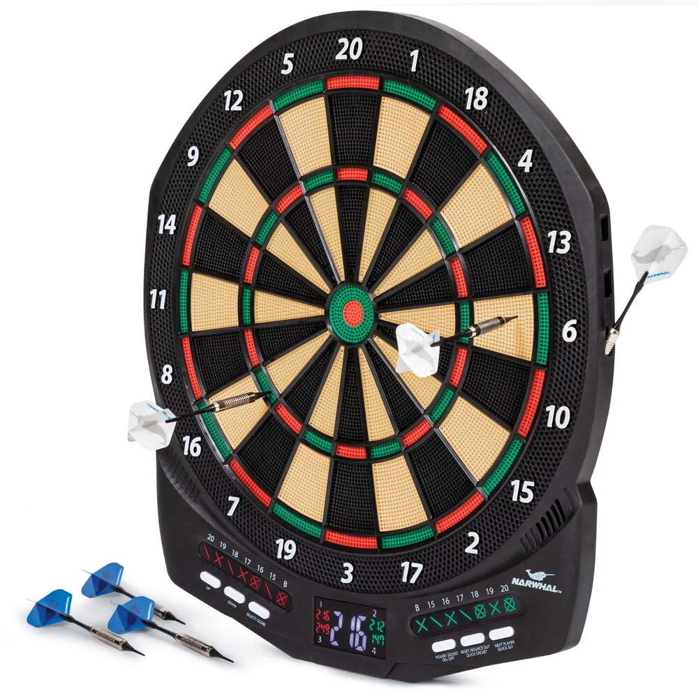 30ゲーム、クリケットスコアリング、6つのプラスチックのチップダーツを備えたNarwhal Revolution Electronic Dartboard