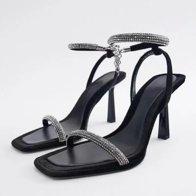 Boots Summer Plus Size Shiny Crystal Party Shoes Women 2023 New Brand Designer High Heeled Sandals Woman Ankle Straps Black Sandals