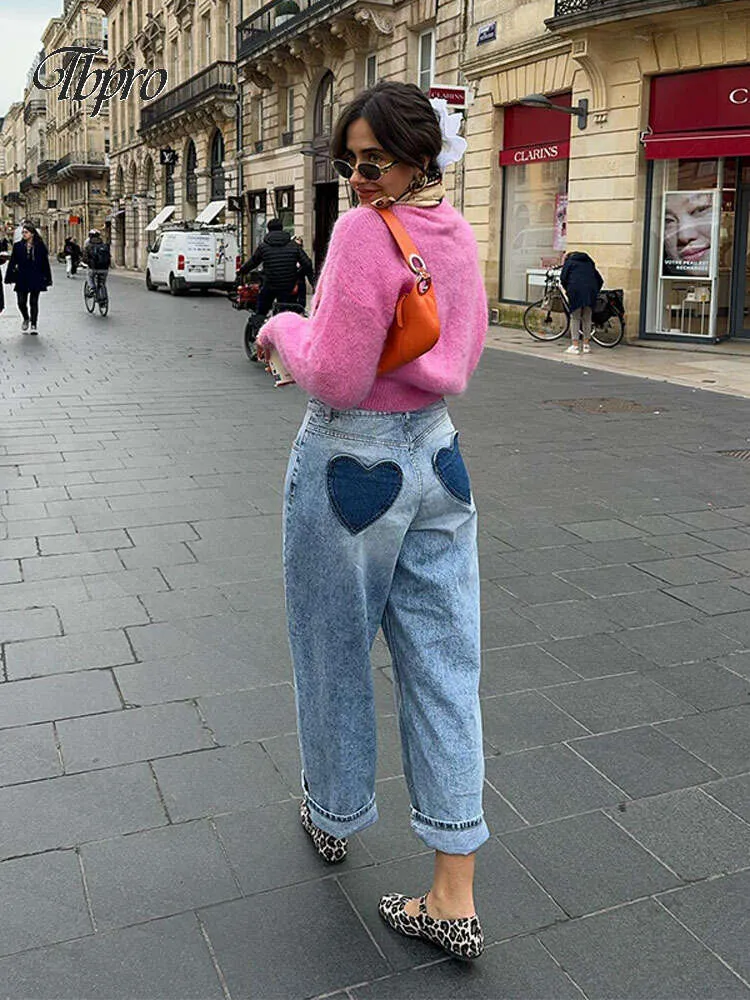 Fashion Cowboy Heart Back Pocket Pants for Women Causal Loose High Waist Wide Legs Denim Trousers New Chic Female Streetwear