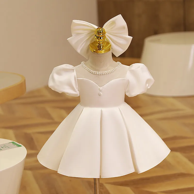 Süße weiße Satin-Blumenmädchenkleider mit Juwelen, Geburtstagskleider für Mädchen, Partyrock für Mädchen, Alltagskleid für Kinder, Partykleidung für Kinder, Größe 2–12, D321084