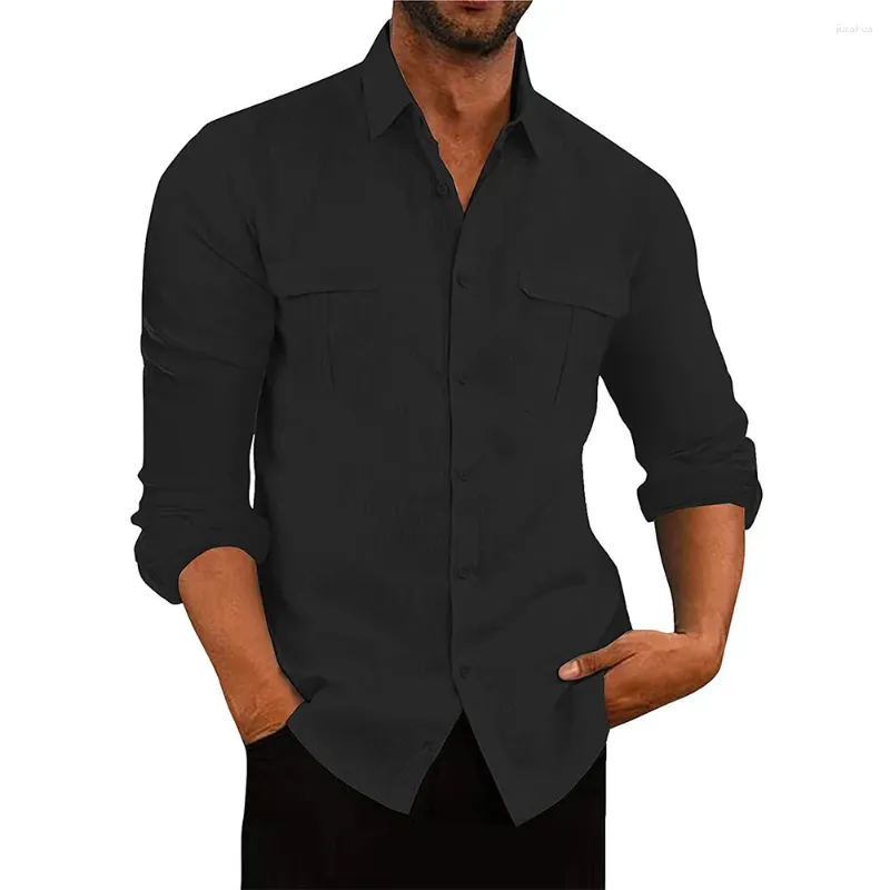 Chemises décontractées pour hommes Chemise pour hommes avec col de bande Blouse ample Hauts à manches longues Boutonné Parfait pour s'habiller ou faire la fête