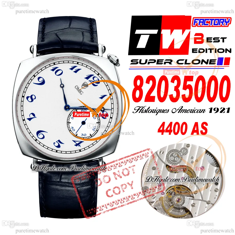 American 1921 82035 A4400 Montre automatique pour homme TWF 40 mm Boîtier en acier Cadran blanc Bracelet en cuir bleu Super Edition Wathes Puretimewatch Reloj Hombre Montre Hommes PTVC