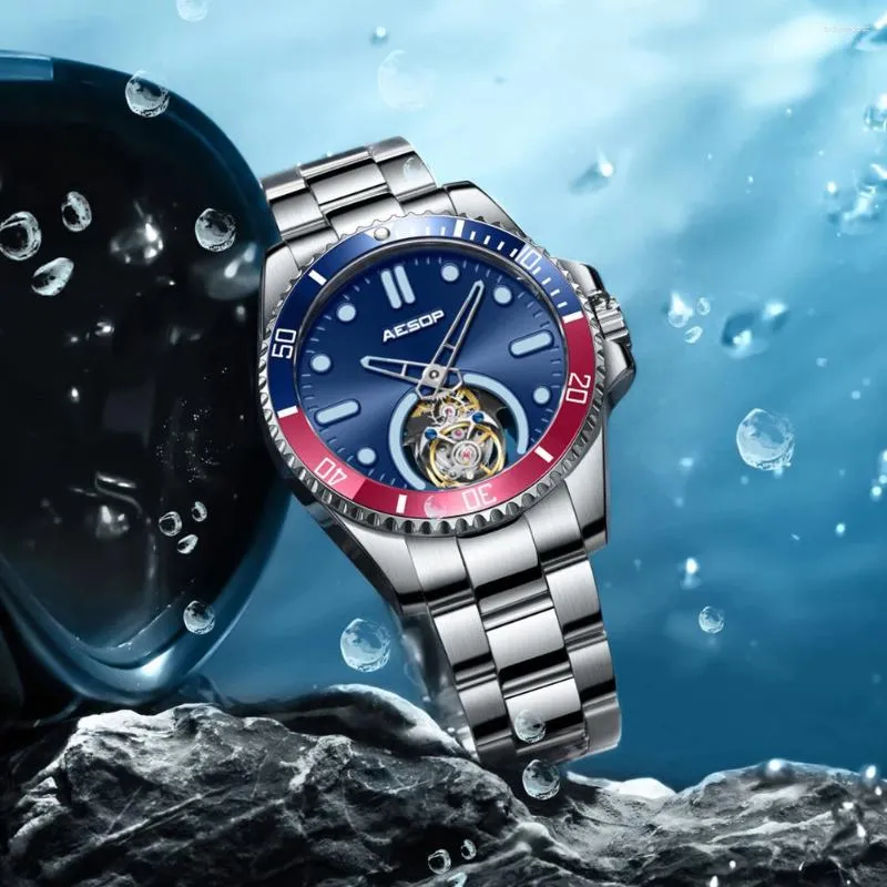 Relojes de pulsera AESOP Flying Tourbillon Reloj de buceo para hombres Esqueleto de lujo Zafiro Relojes luminosos mecanicos automaticos 5bar a prueba