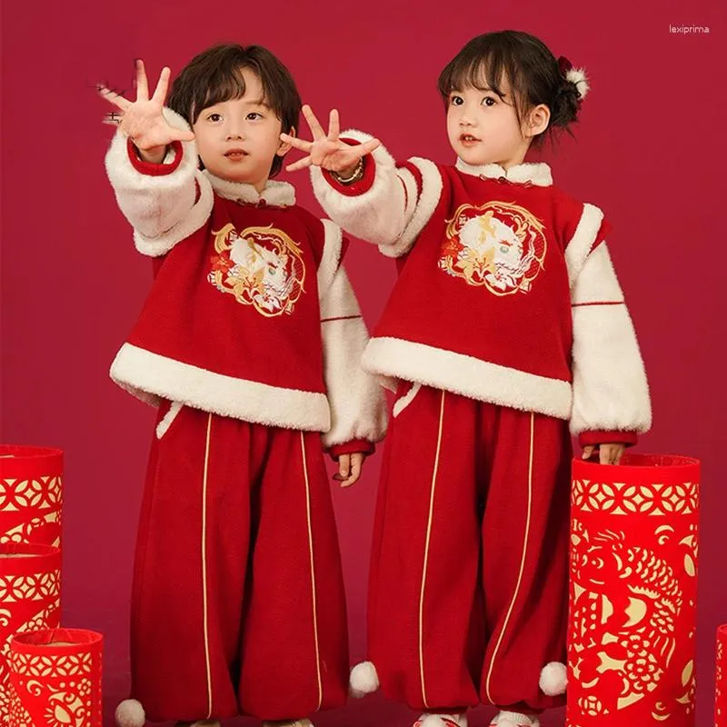 Vêtements ethniques Amélioré Kid Garçon Filles Tang Costume Style chinois Rouge Broderie Hanfu Costume Hiver Épaissi Salutations de l'année