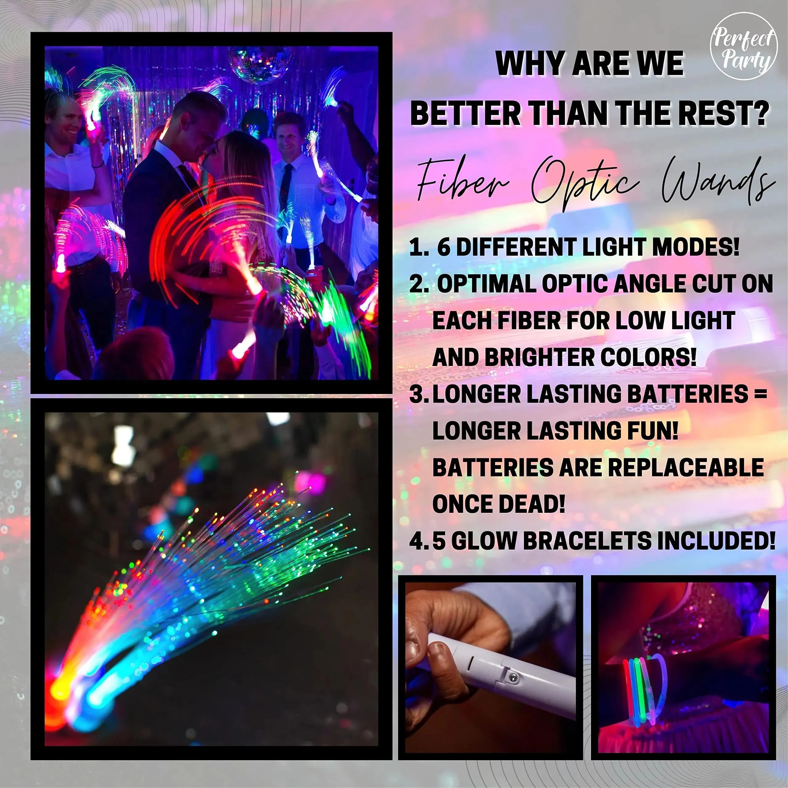 20pc fiber optic wand glow sticks party pack! color changing neon lights wand sparklers and bracelet set! 15x led light stick light up multicolored wands 5x bracelets and batteries