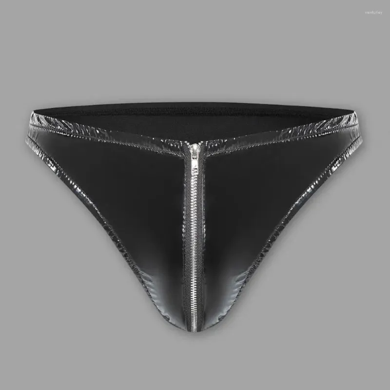 Underpants Men Briefs Men's Sexy Zipper Crotch Mirror Surface Solid Color Latex Gay Underwear G-string Thongs