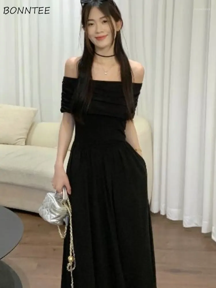 Casual Dresses Slash Neck Women Vintage Temperament Empire Korean Style Fashion Gothic Gracieful Summer Female A-line Simple