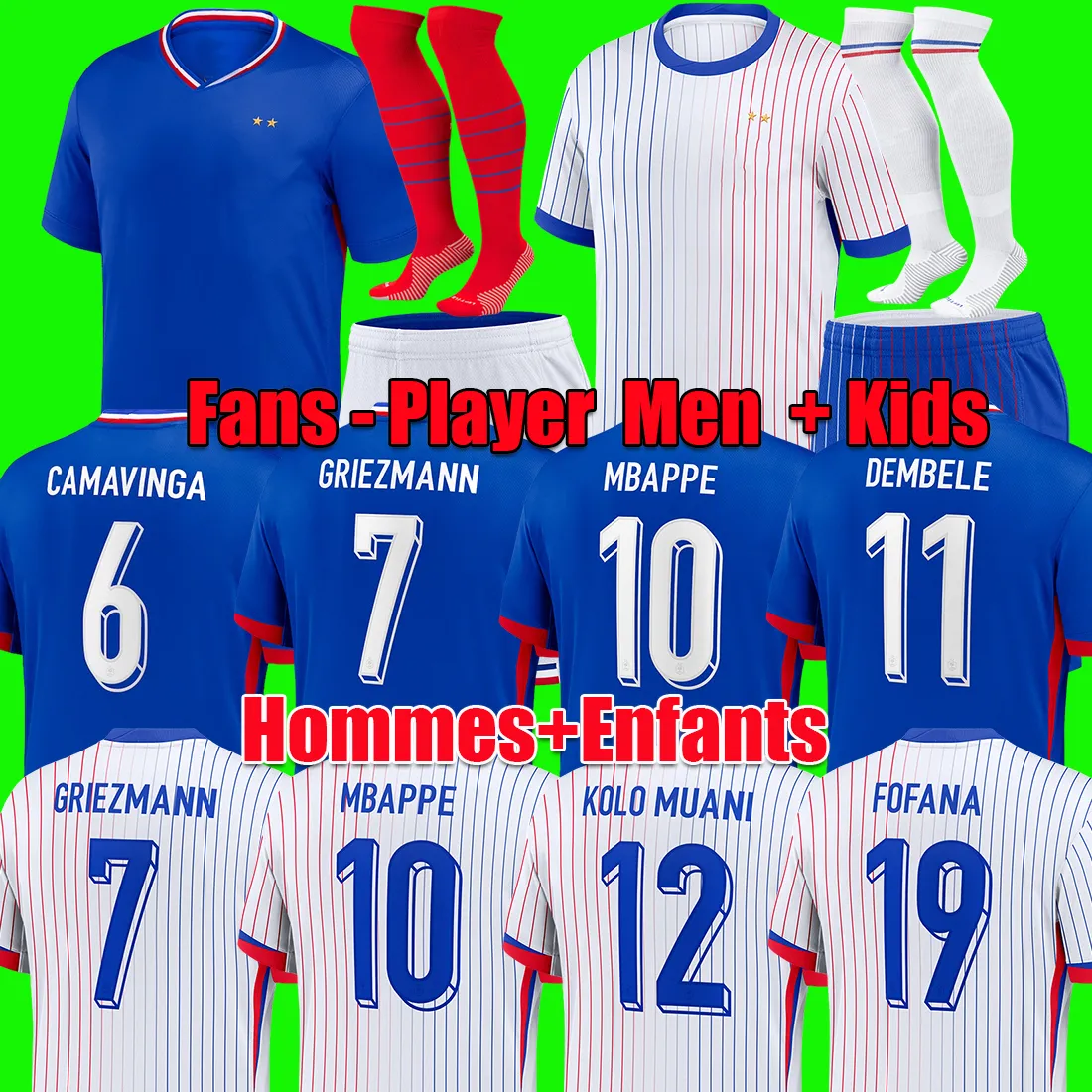 Fans Player Version Maillots de Football 2024 2025 Franska lag Soccer Jerseys Euro 24 Fotbollskjortor Mbappe Griezmann Maillot de Foot Kit Shirt Men Kids Sets