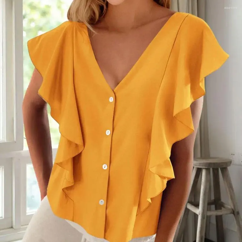 Damesblouses Regular Fit damesoverhemd Stijlvolle V-hals met ruches aan de mouwen Losse streetwear tops voor de zomer Chic casual mode