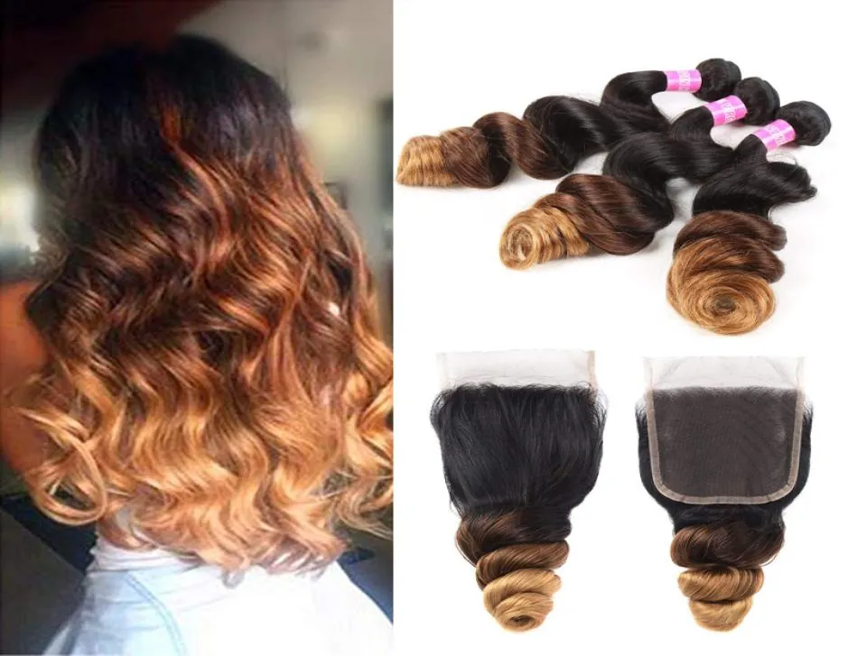 Brazilian 1B 4 30 Loose Wave Virgin Hair Extention Bundles with Closure Ombre Three Tone Human Hair 3 Bundles with 44 Lace Clos9043857